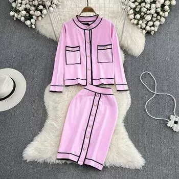 Маленький ароматный модный костюм с круглым воротником контрастного цвета, однобортный вязаный кардиган, куртка, платье из двух частей с высокой талией