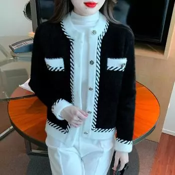 Маленький ароматный стиль Контрастный кардиган куртка для женщин осень и зима Новый стиль знаменитости темперамент внешний топ S