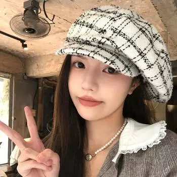 Маленький ароматный ветер черно-белая клетчатая облачная берет женская осенне-зимняя ретро восьмиугольная шляпа большая окружность головы показывающая лицо M56-58cm белый