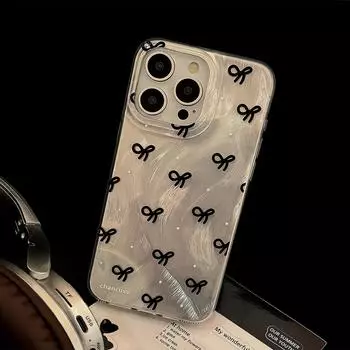 Маленький чехол с черным бантом в белый горошек для iPhone 15 14 13 12 11 Pro Max Plus, глянцевый защитный чехол для телефона For iPhone 15