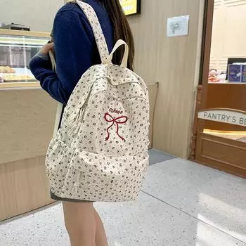 Маленький цветочный принт рюкзак женский бант вышитый школьная сумка светло-синий