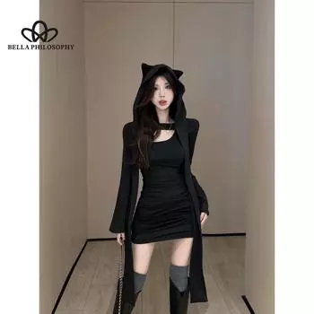 Маленький Дьявол, модная крутая шляпа с ушками, комплект из двух предметов, костюм, облегающая сексуальная сумка, однотонное платье на бедрах, костюм с длинными рукавами S чёрный