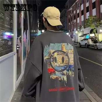 Маленький демон с улыбающимся лицом, принт, новый мужской круглый вырез, большой размер, свободный, осенняя мода, Ins, тонкая мода M белый