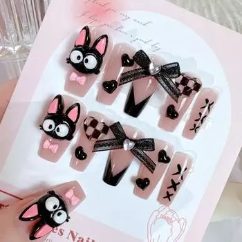 Маленький дикий кот носит доспехи, Милый черный кот, Накладка для ногтей, Съемный бант, Накладной ноготь, Патч для ногтей