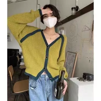 Маленький дизайн вязаный кардиган женский 2022 осень с длинным рукавом однотонный повседневный мягкий восковой цвет контрастный свободный свитер кардиган пальто One Size бежевый