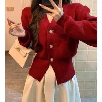 Маленький французский ароматный кардиган, женский свитер с аурой и v-образным вырезом, куртка с длинными рукавами, элитный свитер с чувством талии, женский топ One Size чёрный