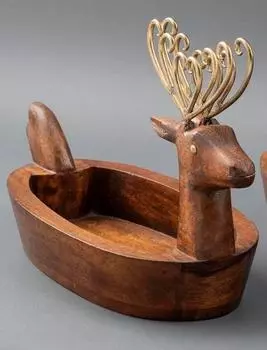 Маленький глубокий поднос из дерева в форме оленя, Латунь, Wooden Brass Small Reindeer Tray, John Molly Decor&Gifts
