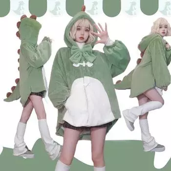 Маленький хвост динозавра с толстым бархатным пальто женская одежда зимняя куртка новая Лолита милый бант сращивание бархатные толстовки женский топ S зелёный