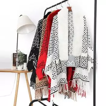 Маленький клетчатый меховой воротник, вязаная накидка, теплая шаль с длинными рукавами и бахромой, фиксированная ромбовидная утолщенная шаль, пончо 65*180cm красный