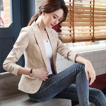 Маленький костюм Пальто Женский маленький костюм Женский тонкий розовый костюм Маленький повседневный клетчатый костюм в западном стиле S