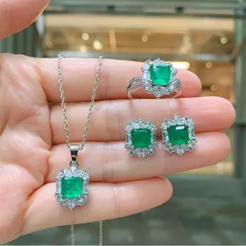 Маленький квадратный изумрудный комплект украшений для женщин, ожерелье, кулон, кольцо, серьги, женский комплект украшений