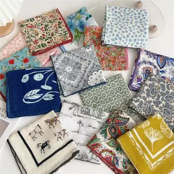 Маленький квадратный шарф из хлопка и льна, шелковый шарф, женский, весна и осень, новый стиль, художественный и универсальный, модный, темпераментный шарф-повязка на голову 55*55cm