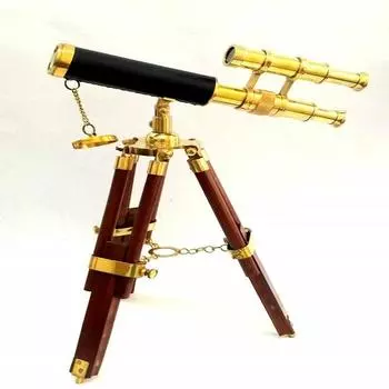 Маленький латунный телескоп размером 22,86 см со штативом. Декор стола и предмет домашнего декора.