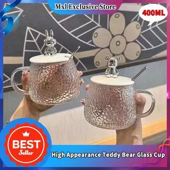 Маленький медведь Высокая Красота Цветок Чайная чашка Простой Завтрак Стакан с крышкой Милый Знак Большой Живот Чашка для воды 301-400ml
