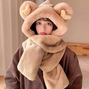 Маленький медвежонок, шапка, шарф, цельный женский милый осенне-зимний плюшевый ушной платок с капюшоном, теплый с капюшоном