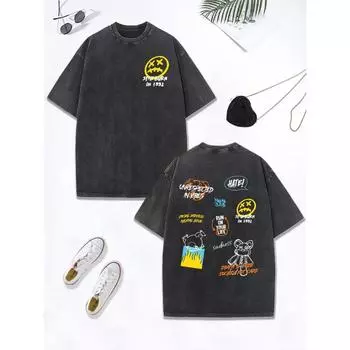 Маленький медвежонок Текстовые граффити Принты Выстиранная футболка Женщины Хлопок Оверсайз Топы Удобная Потертая Футболка с круглым вырезом Одежда S