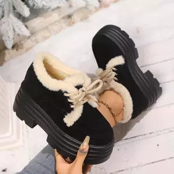 Маленький мужчина носит внутреннюю увеличивающую рост повседневную обувь для женщин 2024 года, новые модные туфли на шнуровке с толстым каблуком и толстой подошвой, удобные, модные туфли из хлопка 34 чёрный