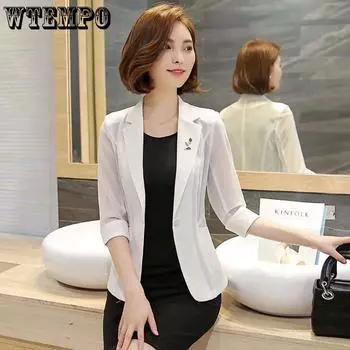 Маленький пиджак женский весна-лето универсальный однотонный модный темперамент верхняя одежда костюм короткие топы солнцезащитная рубашка M белый