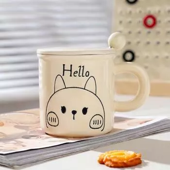 Маленький подарочный набор для офисной девушки, керамическая чашка с крышкой, ложка, мультяшный кролик, творческая личность, кружка, простая чашка 400ML