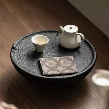 Маленький поднос для чая из карбонизированного дерева, креативный круглый столик для сухого заваривания, домашний чайный сервиз в стиле кунг-фу, поднос для хранения, аксессуары для чайного сервиза