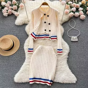 Маленький повседневный свитер с длинными рукавами, кардиган, пальто, жилет без рукавов, верхняя часть, короткая юбка из трех частей