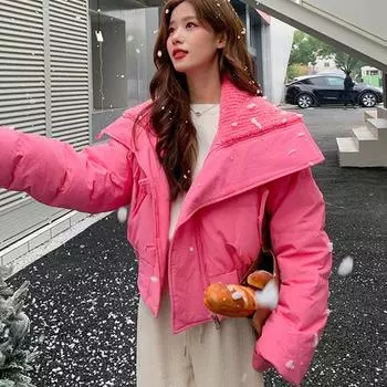 Маленький пуховик женский вязаный с большим воротником-лацканом модный универсальный белый пуховик S size 90-60kg розовый