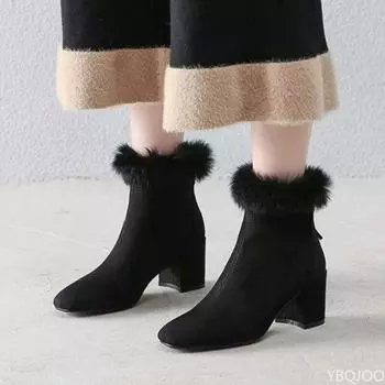 Маленький размер Зимний новый стиль Квадратный носок с плюшевым мехом Толстый каблук Короткие ботильоны Женские ботинки Плюшевые Модные Женские Дизайнерские ботинки 35 чёрный