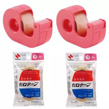 Маленький рулон целлофановой пленки Nichiban Cellotape 18 мм с резаком, 2 шт. Режет ровно, с 4 сменными рулонами CT18DCR-S2PN2P