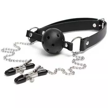 Маленький шариковый кляп с зажимами для сосков - игрушка для обучения бондажу для пар