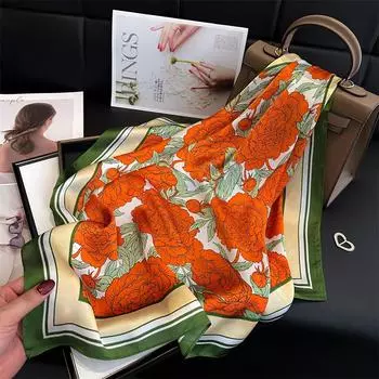 Маленький шелковый шарф с цветком пиона, универсальный атласный шарф, тонкий солнцезащитный платок 70 см, квадратный шарф из искусственного шелка 70X70CM (1-3cm error)