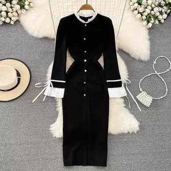 Маленький Сян Фэн, ретро темперамент, рукав-труба, воротник-стойка с краями, шнуровка на талии, тонкая сумка, платье на бедрах, ложное два