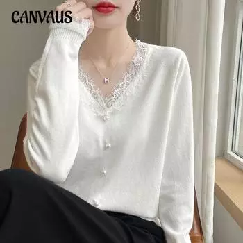 Маленький стиль духов кружева сращивание V-образный вырез свитер женский свободный жемчужная пряжка украшение осень и зима нижний свитер S серый