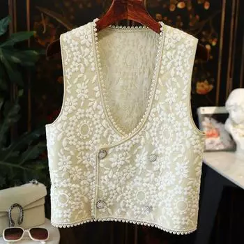 Маленький стильный короткий вязаный жилет из жемчужной проволоки Apricot color L