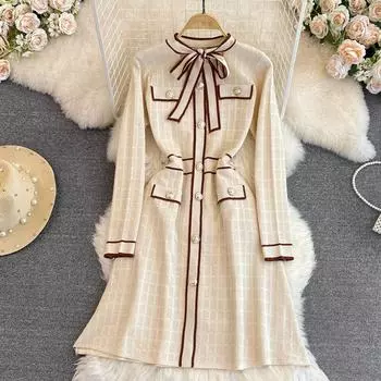 Маленький стиль ретро темперамент с длинным рукавом с галстуком-бабочкой на талии для похудения вязаное платье платье-свитер Herburn