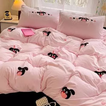 Маленький свежевыстиранный хлопковый комплект из четырех предметов, розовый комплект из трех предметов для общежития, пододеяльник, простыня 1.2m bed