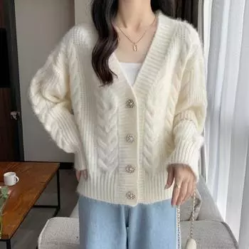 Маленький, свежий и нежный вязаный кардиган на осень и зиму, новый свободный и ленивый свитер с V-образным вырезом и шикарными пуговицами average size фиолетовый