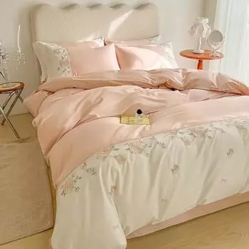 Маленький свежий комплект из четырех частей хлопка с вышивкой простыня пододеяльник девочка сердечко постельное белье 1.2m bed