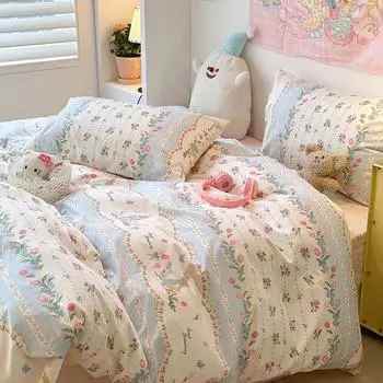 Маленький свежий комплект из четырех предметов в стиле ретро, комплект из чистого хлопка с цветочным узором, пододеяльник, простыня для общежития, комплект из трех предметов 1.2m bed