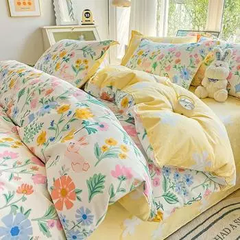 Маленький свежий комплект из четырех предметов, кровать из чистого хлопка, пододеяльник, простыня, постельное белье из трех предметов для общежития 1.2m bed