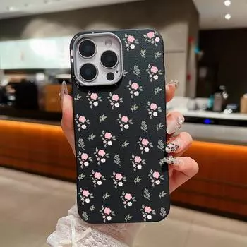 Маленький свежий розовый цветочный принт матовый мягкий чехол из ТПУ для iPhone 16 Pro Max 15 Pro 14 Plus 13 12 11 XS XR 8 7 кожаная текстура противоударный тонкий чехол для телефона iPhone 16 чёрный