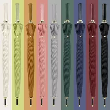 Маленький свежий зонт с длинной ручкой из 24 костей, большой мужской, полностью армированный волокном, цветная схема, кожаная ручка, прямой зонт с тростью, ветрозащитный