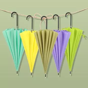 Маленький свежий зонт с прямой ручкой из 16-каратного сплава, зонт с длинной ручкой, простой однотонный зонт с кожаной ручкой, зонт с щеткой