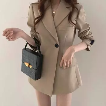 Маленький женский пиджак средней и длинной длины 2024 года, весна и осень, новая корейская версия, повседневный свободный тонкий темперамент, костюм знаменитости из Интернета S хаки