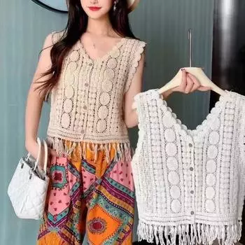 Маленький жилет с крючками и цветочным узором для женщин с летним темпераментом, уникальный и шикарный вязаный кардиган без рукавов one size белый