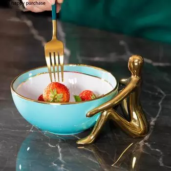 Маленький золотой человечек, сине-белая керамическая миска, тарелка для десерта в Пномпене, круглая тарелка для фруктов, салатница, декоративная посуда, миска для смешивания
