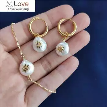 Маленький золотой подсолнух, солнечный цветок, подвеска, натуральная монета, пресноводный жемчуг, нежный браслет, серьги-кольца, комплект ювелирных изделий