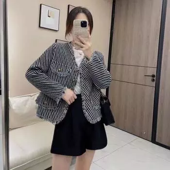 Маленькое ароматное пальто из грубого твида с кисточками для женщин, 2022, корейская версия, свободный кардиган из саржи с длинными рукавами и v-образным вырезом, женский топ