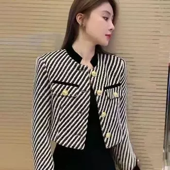 Маленькое ароматное пальто во французскую полоску, женское весенне-осеннее элегантное твидовый кардиган с длинным рукавом и воротником-стойкой, женское пальто One Size чёрный