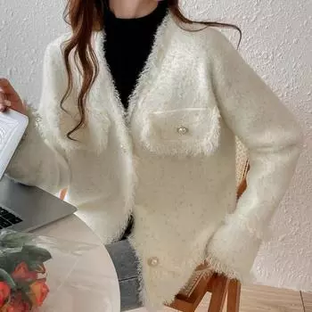 Маленькое ароматное пальто, женский кардиган, осень-зима 2022, кардиган с v-образным вырезом, однотонное повседневное пальто знаменитостей с длинными рукавами, женские топы One Size бежевый