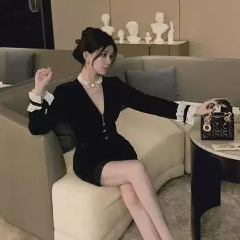 «Маленькое черное платье 2023 года в стиле французской Хепберн из бархата с длинными рукавами» Extra Large чёрный